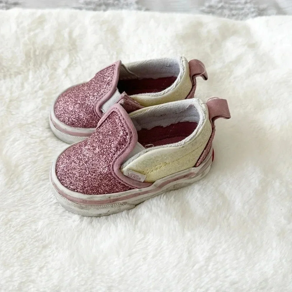 Vans pink/yellow glittery sparkle Slip-On V Sneakers baby girl size 2